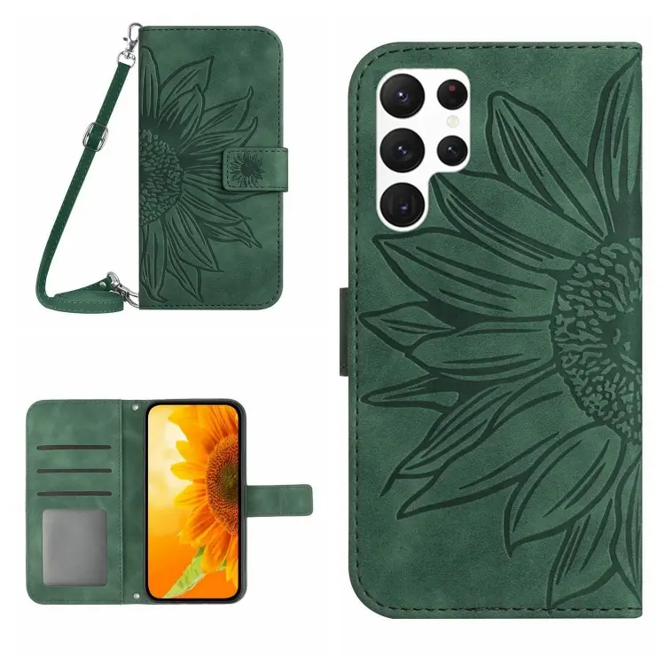 For Samsung Galaxy S23 Ultra 5G Skin Feel Sun Flower Pattern Flip Leather Phone Case with Lanyard(Green)