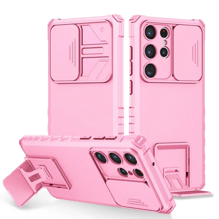 For Samsung Galaxy S23 Ultra 5G Stereoscopic Holder Sliding Camshield Phone Case(Pink)
