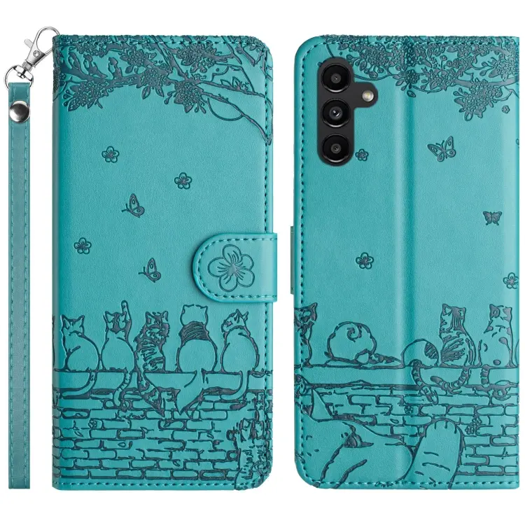 For Samsung Galaxy S24 Cat Embossing Pattern Leather Phone Case with Lanyard(Blue)