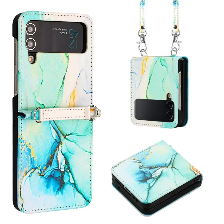 For Samsung Galaxy Z Flip4 Crossbody Marble Pattern Leather Phone Case(Green LS003)