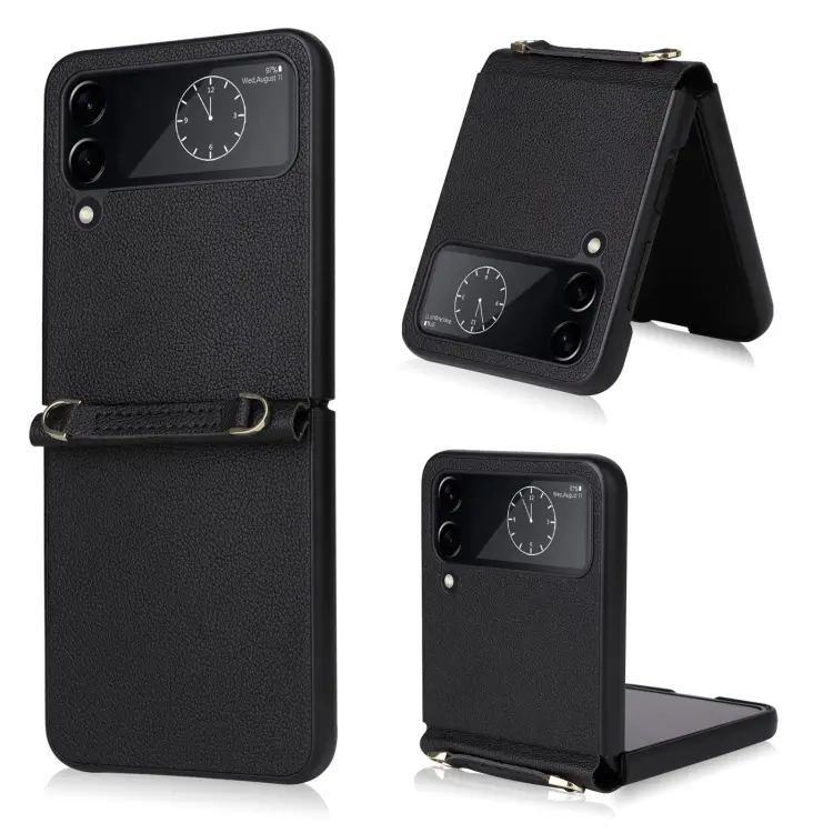 For Samsung Galaxy Z Flip4 Lambskin Texture Leather Phone Case with Lanyard(Black)