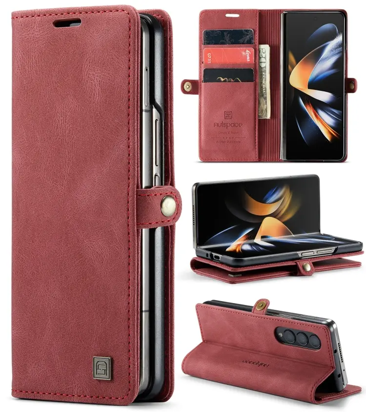 For Samsung Galaxy Z Fold4 AutSpace A01 Retro Skin-feel Crazy Horse RFID Leather Phone Case(Wine Red)