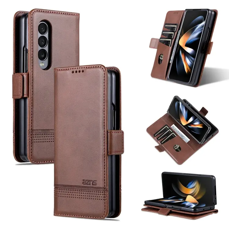 For Samsung Galaxy Z Fold4 AZNS Magnetic Calf Texture Horizontal Flip Leather Phone Case(Dark Brown)