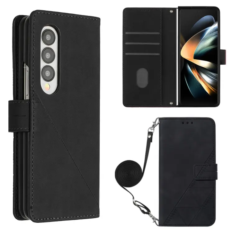 For Samsung Galaxy Z Fold4 Crossbody 3D Embossed Flip Leather Phone Case(Black)
