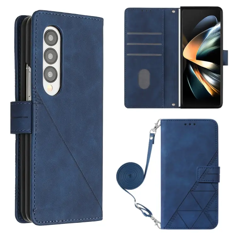 For Samsung Galaxy Z Fold4 Crossbody 3D Embossed Flip Leather Phone Case(Blue)