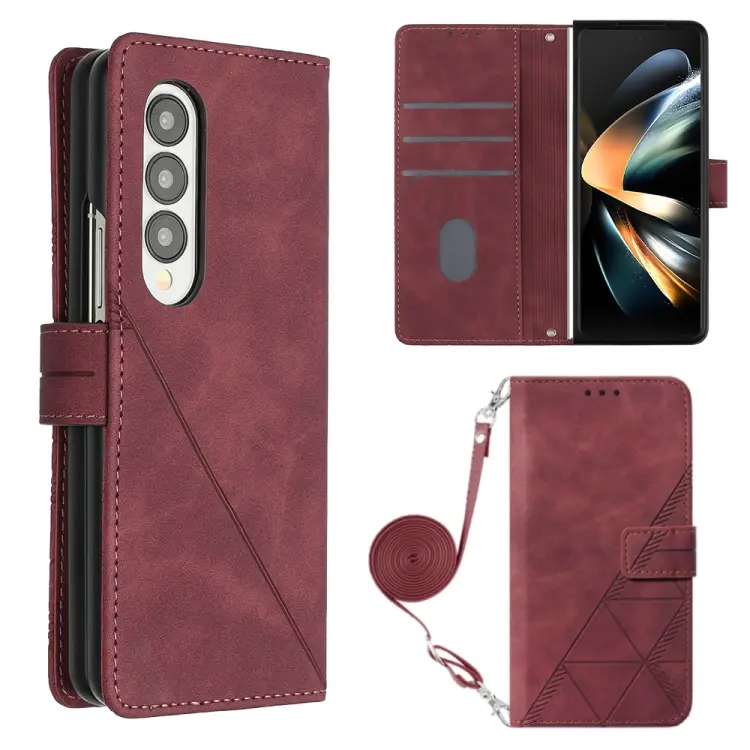 For Samsung Galaxy Z Fold4 Crossbody 3D Embossed Flip Leather Phone Case(Wine Red)