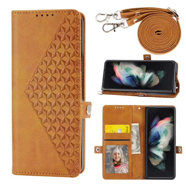 For Samsung Galaxy Z Fold4 Cubic Grid Calf Texture Leather Phone Case with Neck Lanyard(Yellow)