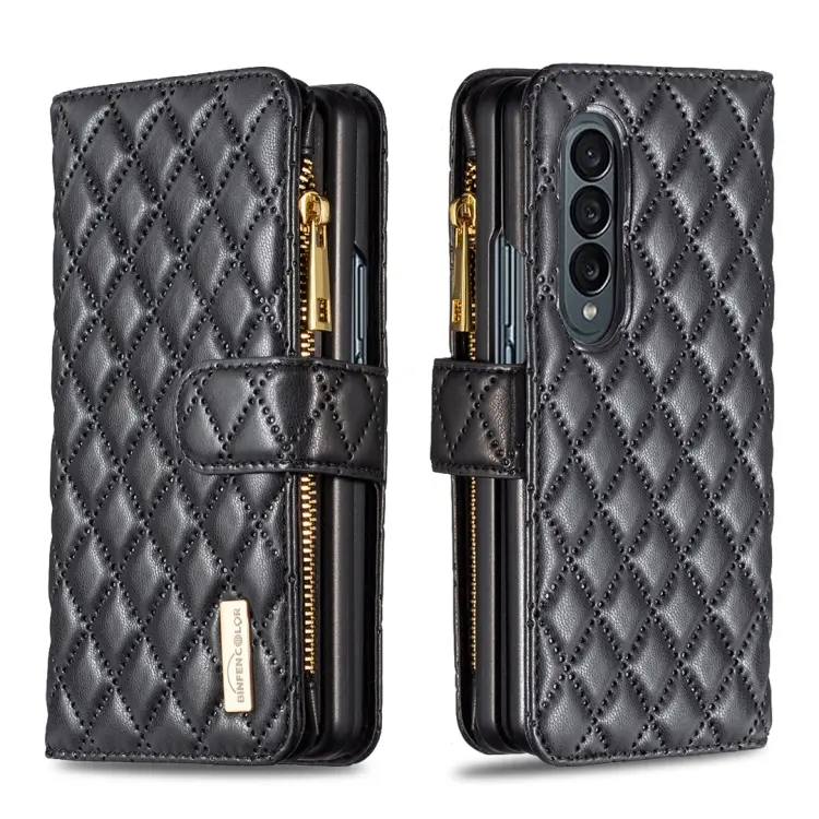 For Samsung Galaxy Z Fold4 Diamond Lattice Zipper Wallet Leather Flip Phone Case(Black)