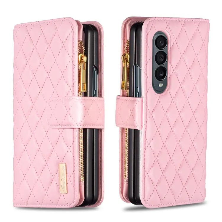 For Samsung Galaxy Z Fold4 Diamond Lattice Zipper Wallet Leather Flip Phone Case(Pink)