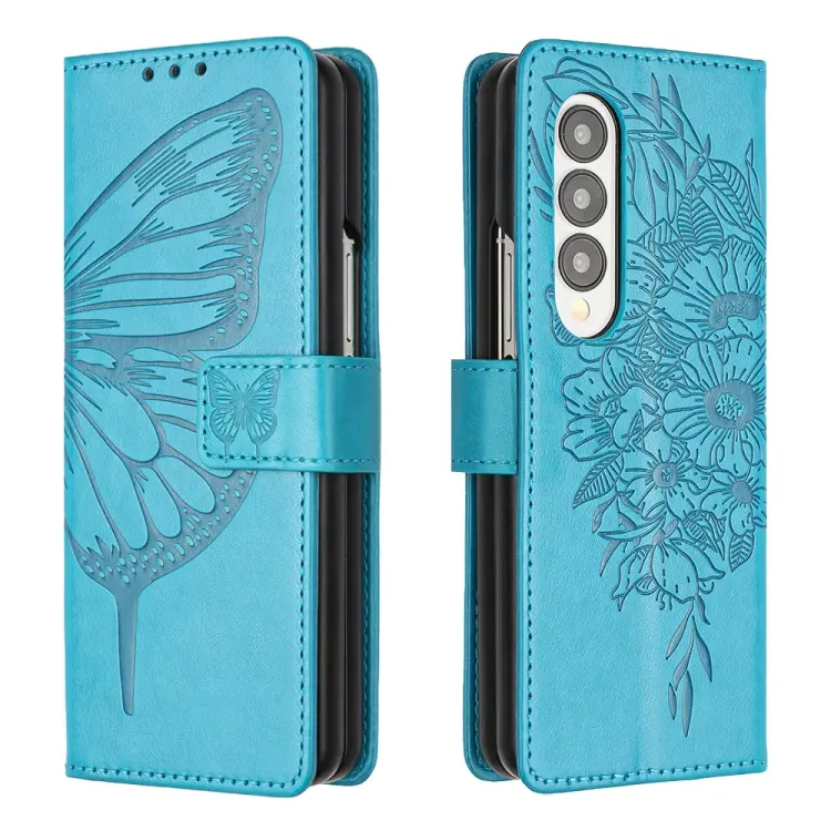 For Samsung Galaxy Z Fold4 Embossed Butterfly Leather Phone Case(Blue)