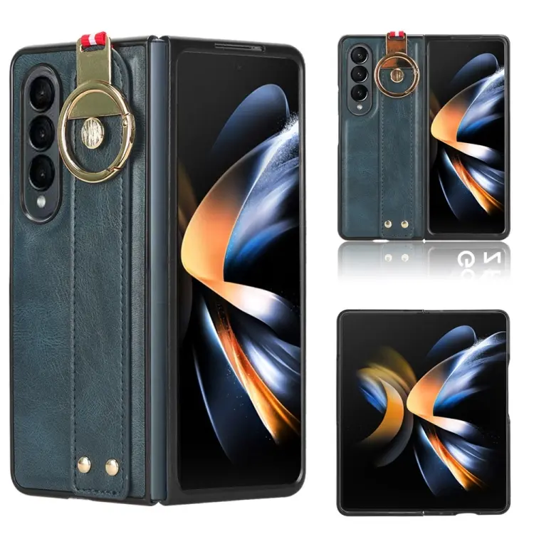 For Samsung Galaxy Z Fold4 Wristband Leather Back Phone Case(Blue)