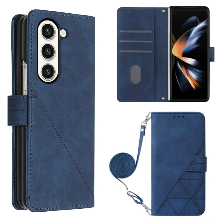 For Samsung Galaxy Z Fold5 5G Crossbody 3D Embossed Flip Leather Phone Case(Blue)