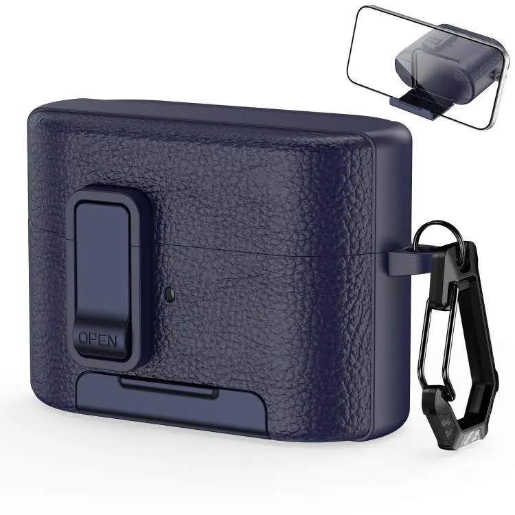 For Sony WF-1000XM6 Leather Texture Wireless Earphones Case with Hook & Holder(Dark Blue)
