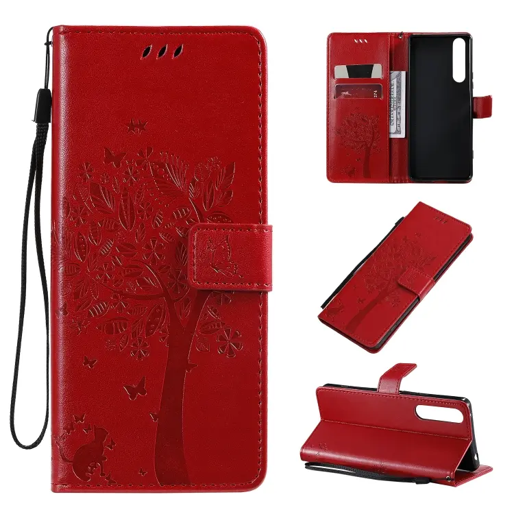 For Sony Xperia 1 II Tree & Cat Pattern Pressed Printing Horizontal Flip PU Leather Case with Holder & Card Slots & Wallet & Lanyard(Red)