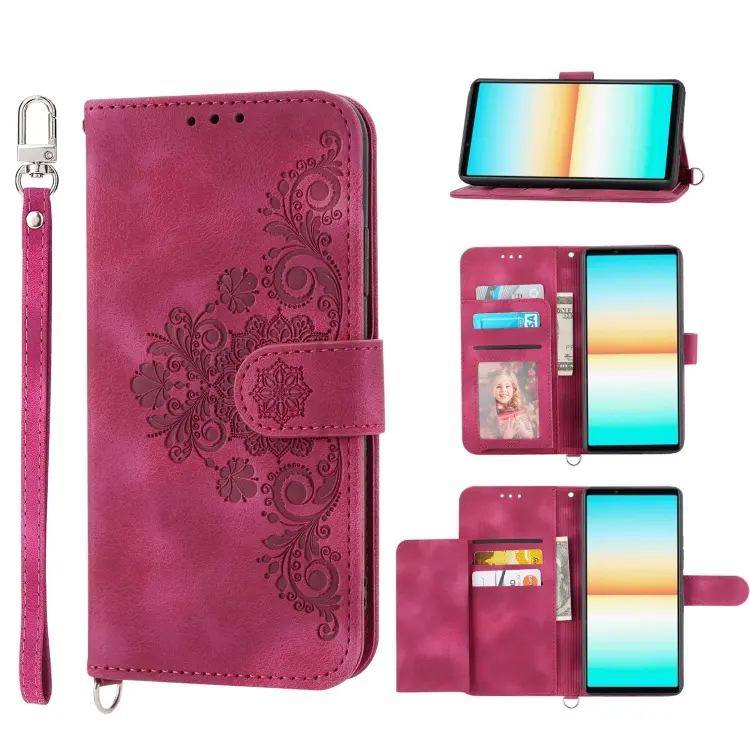 For Sony Xperia 10 IV Skin-feel Flowers Embossed Wallet Leather Phone Case(Wine Red)