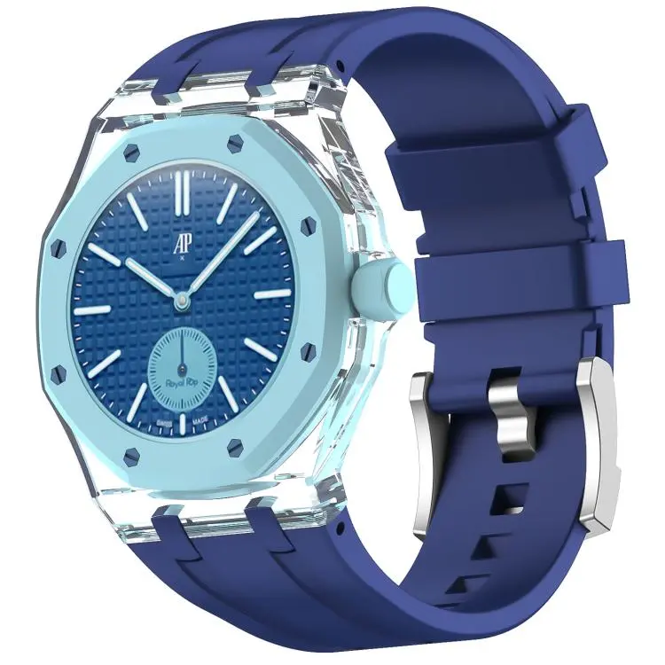 For Swatch Royal Pop Three O Clock Direction Clear Plastic Case Integrated Silicone Watch Band(Dark Blue)