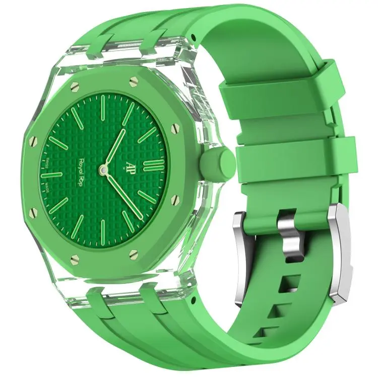 For Swatch Royal Pop Three O Clock Direction Clear Plastic Case Integrated Silicone Watch Band(Grass Green)