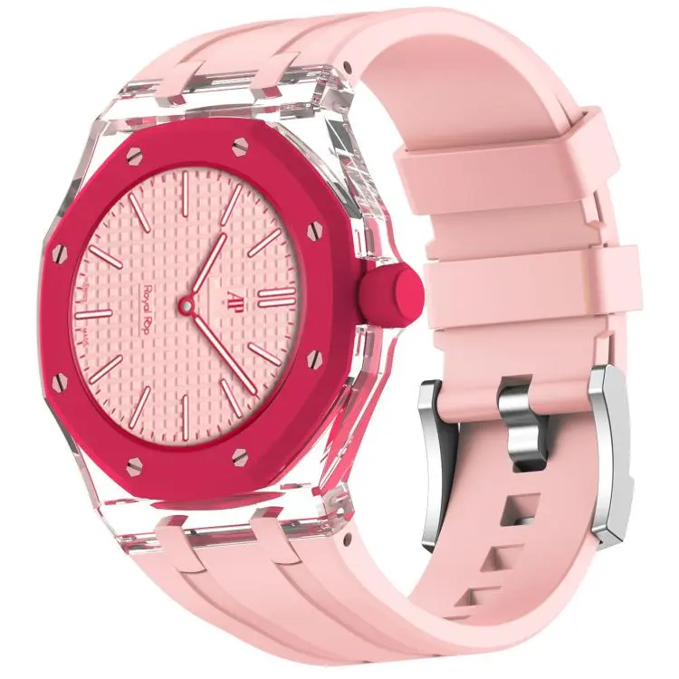 For Swatch Royal Pop Three O Clock Direction Clear Plastic Case Integrated Silicone Watch Band(Sand Pink)