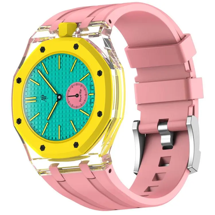 For Swatch Royal Pop Twelve O Clock Direction Clear Plastic Case Integrated Silicone Watch Band(Pink)