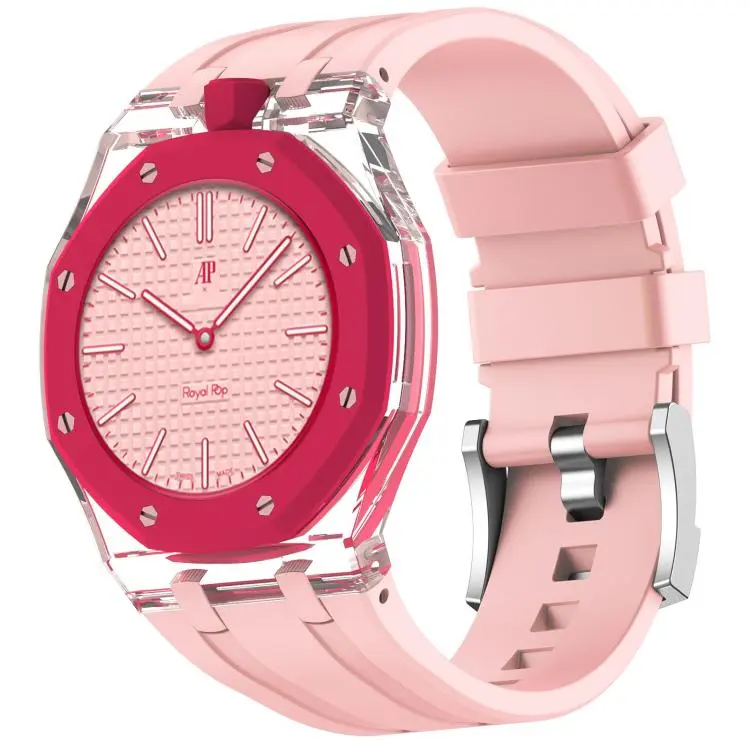 For Swatch Royal Pop Twelve O Clock Direction Clear Plastic Case Integrated Silicone Watch Band(Sand Pink)