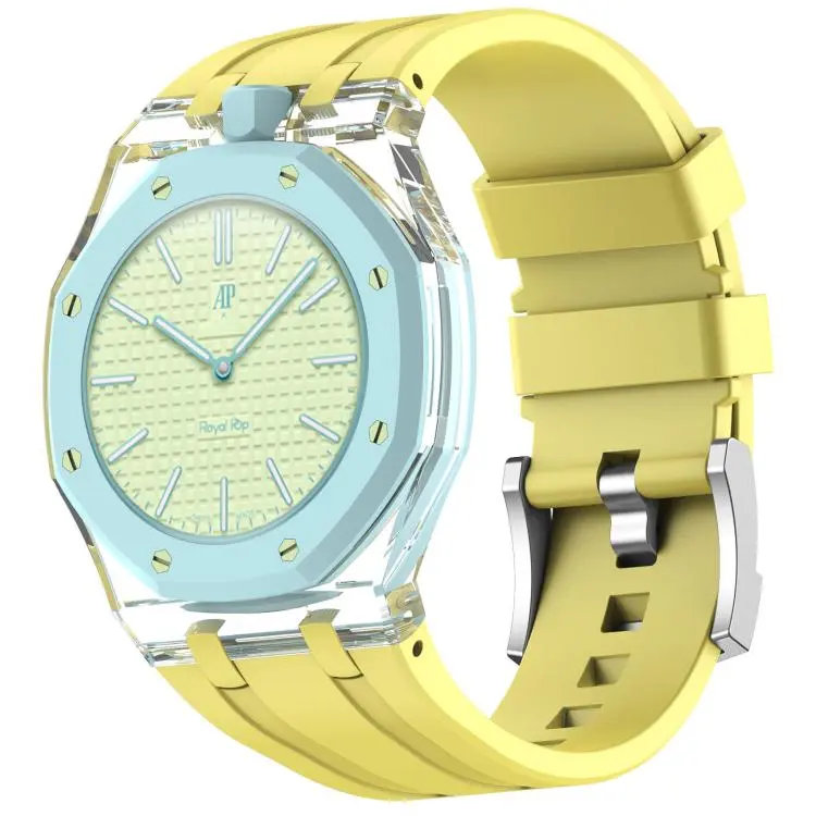 For Swatch Royal Pop Twelve O Clock Direction Clear Plastic Case Integrated Silicone Watch Band(Yellow)