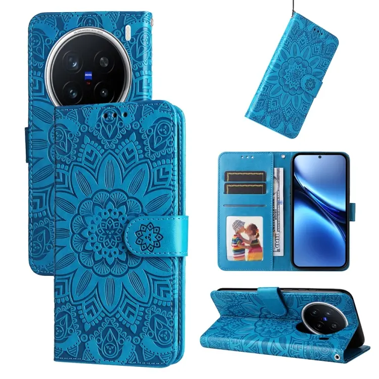 For vivo X200 Pro Embossed Sunflower Leather Phone Case(Blue)