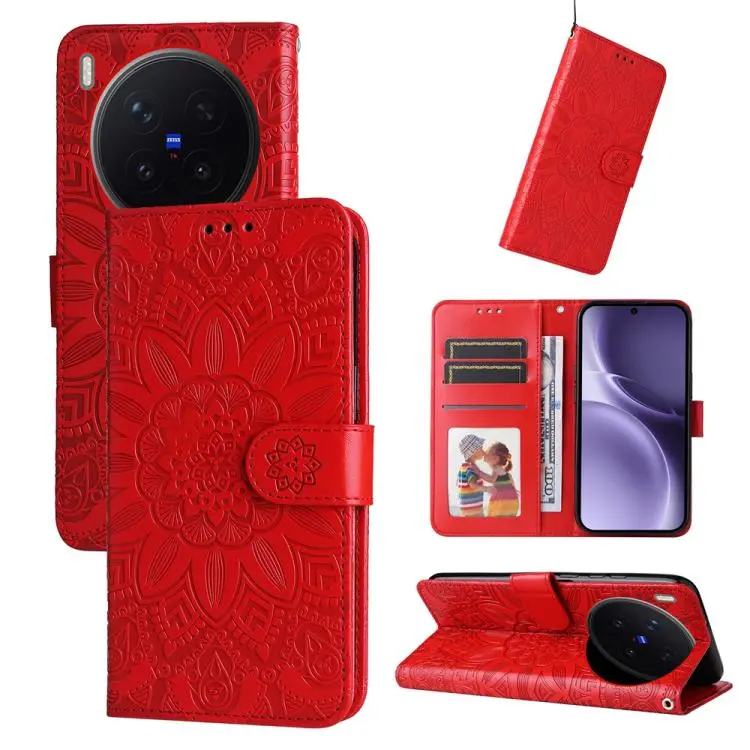 For vivo X300 Pro Embossed Sunflower Leather Phone Case(Red)