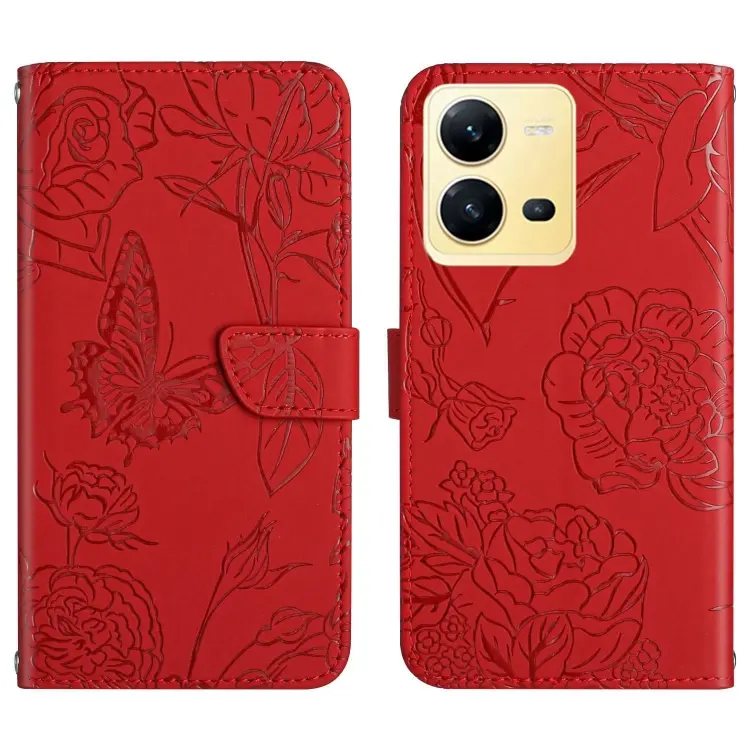 For vivo X80 Lite/V25 5G HT03 Skin Feel Butterfly Embossed Flip Leather Phone Case(Red)