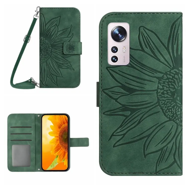For Xiaomi 12 Pro Skin Feel Sun Flower Pattern Flip Leather Phone Case with Lanyard(Green)