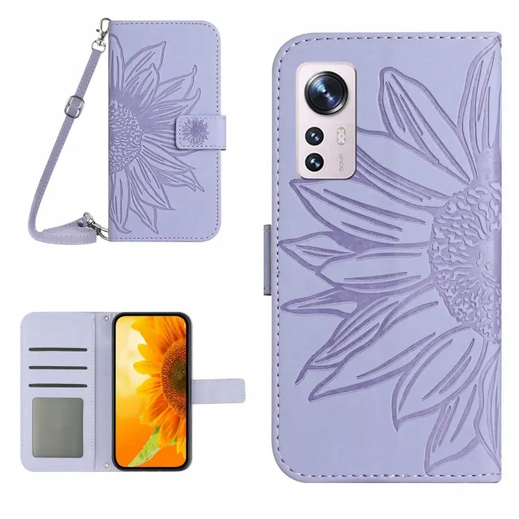 For Xiaomi 12 Pro Skin Feel Sun Flower Pattern Flip Leather Phone Case with Lanyard(Purple)
