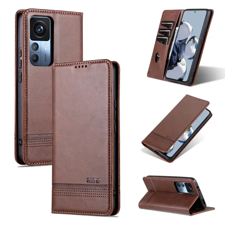 For Xiaomi 12T / 12T Pro / Redmi K50 Ultra AZNS Magnetic Calf Texture Flip Leather Phone Case(Dark Brown)
