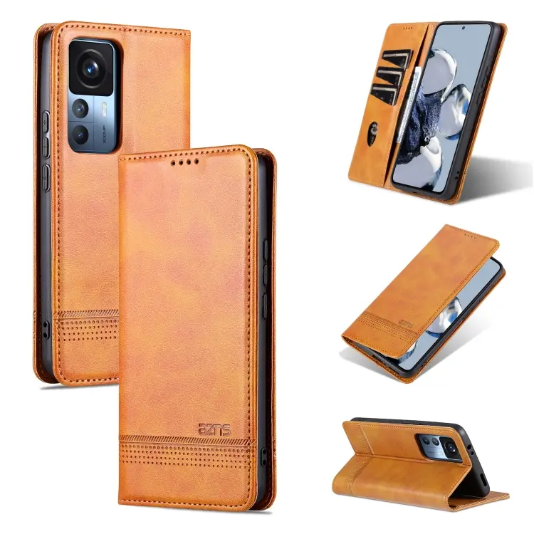 For Xiaomi 12T / 12T Pro / Redmi K50 Ultra AZNS Magnetic Calf Texture Flip Leather Phone Case(Light Brown)