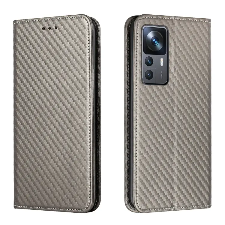 For Xiaomi 12T / 12T Pro / Redmi K50 Ultra Carbon Fiber Texture Magnetic Flip Leather Phone Case(Grey)