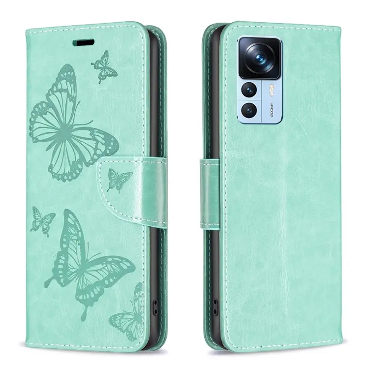 For Xiaomi 12T / 12T Pro / Redmi K50 Ultra Embossing Two Butterflies Pattern Leather Case(Green)