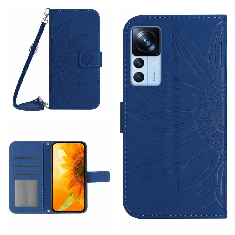 For Xiaomi 12T / 12T Pro Skin Feel Sun Flower Pattern Flip Leather Phone Case with Lanyard(Dark Blue)