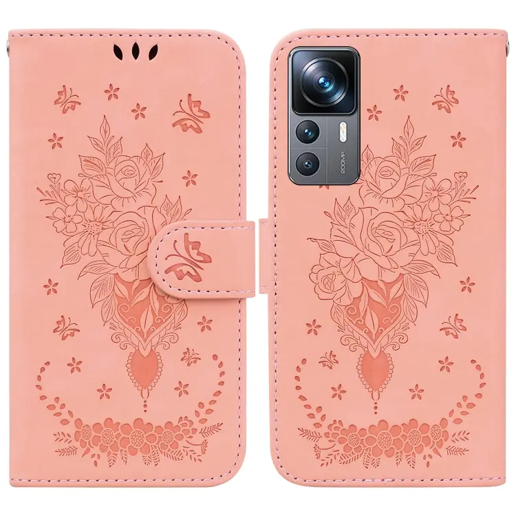 For Xiaomi 12T Pro Butterfly Rose Embossed Leather Phone Case(Pink)