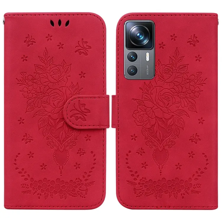 For Xiaomi 12T Pro Butterfly Rose Embossed Leather Phone Case(Red)