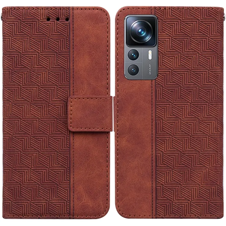 For Xiaomi 12T Pro Geometric Embossed Flip Leather Phone Case(Brown)
