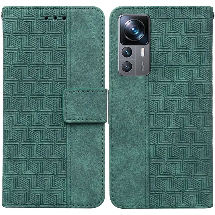 For Xiaomi 12T Pro Geometric Embossed Flip Leather Phone Case(Green)