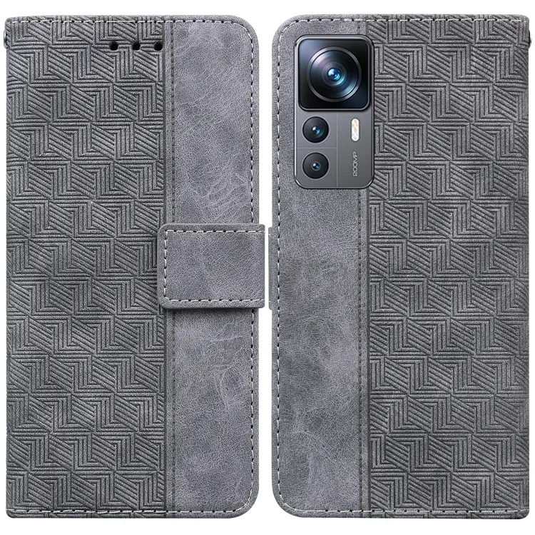For Xiaomi 12T Pro Geometric Embossed Flip Leather Phone Case(Grey)