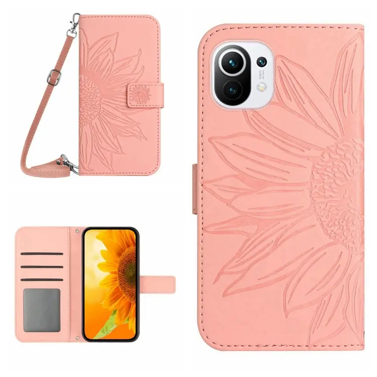 For Xiaomi Mi 11 Lite Skin Feel Sun Flower Pattern Flip Leather Phone Case with Lanyard(Pink)