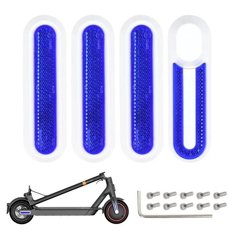 For Xiaomi Mijia M365 Pro / Pro 2 / 1S 4 in 1 Electric Scooter Wheel Decorative Side Cover Plastic Block Reflective Strip with Screws(White + Blue)