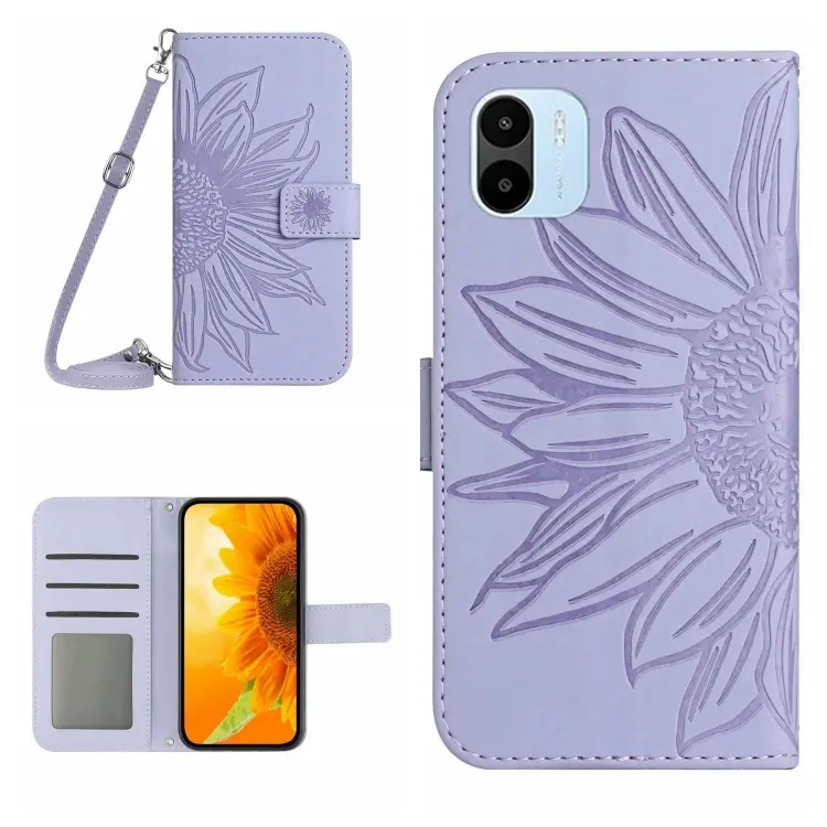 For Xiaomi Redmi A1 Skin Feel Sun Flower Pattern Flip Leather Phone Case with Lanyard(Purple)
