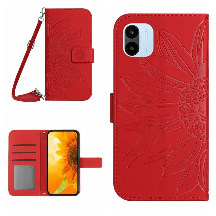 For Xiaomi Redmi A1 Skin Feel Sun Flower Pattern Flip Leather Phone Case with Lanyard(Red)