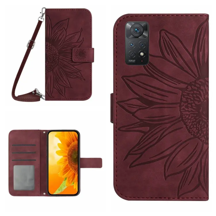 For Xiaomi Redmi Note 11 Global / Note 11s Skin Feel Sun Flower Pattern Flip Leather Phone Case with Lanyard(Wine Red)