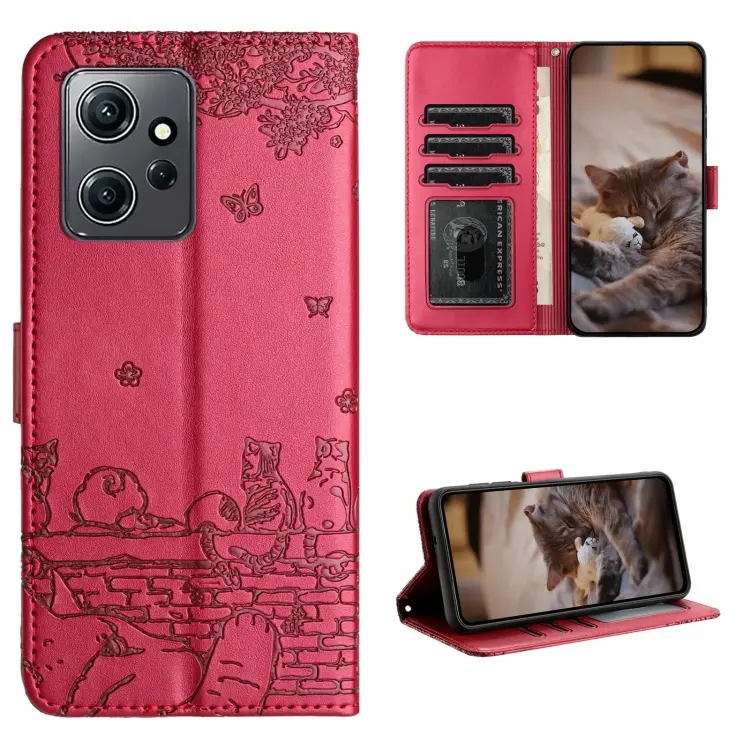 For Xiaomi Redmi Note 12 4G Global Cat Embossing Pattern Leather Phone Case with Lanyard(Red)