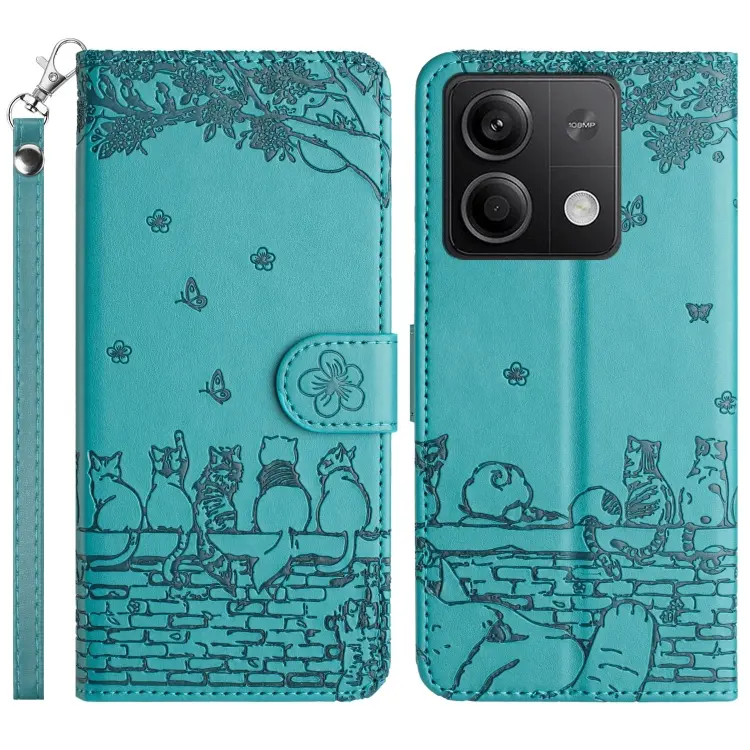 For Xiaomi Redmi Note 13 5G Cat Embossing Pattern Leather Phone Case with Lanyard(Blue)