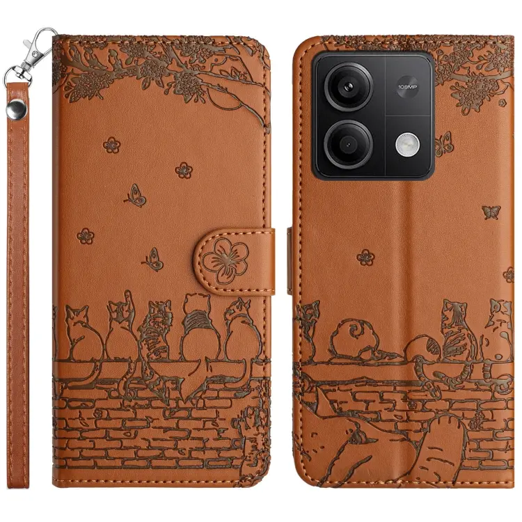 For Xiaomi Redmi Note 13 5G Cat Embossing Pattern Leather Phone Case with Lanyard(Brown)