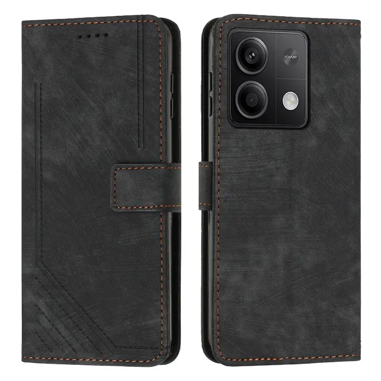 For Xiaomi Redmi Note 13 Skin Feel Stripe Pattern Leather Phone Case with Long Lanyard(Black)