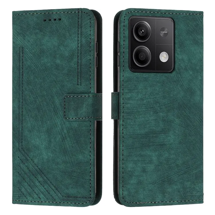 For Xiaomi Redmi Note 13 Skin Feel Stripe Pattern Leather Phone Case with Long Lanyard(Green)